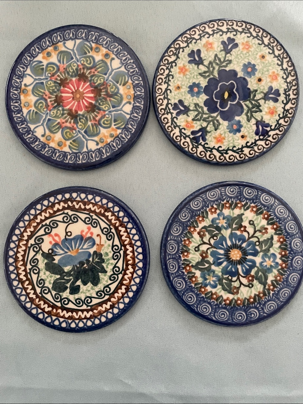 Hand-Painted Blue Floral Ceramic Polish Pottery Coasters - Set of 4 by Unikat